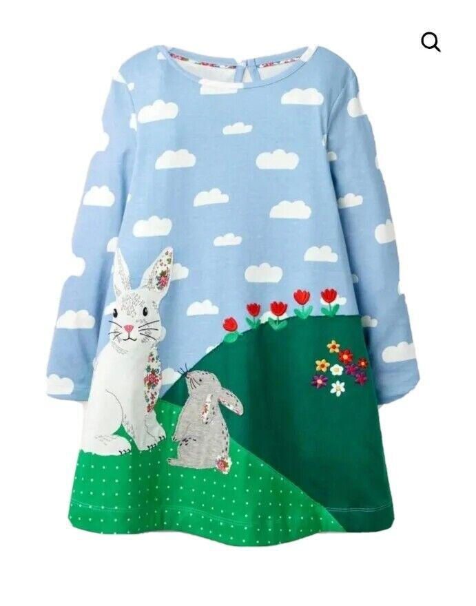 Mini Boden Girls Blue Bunny Easter Appliqué Jersey Dress BRAND NEW G2207