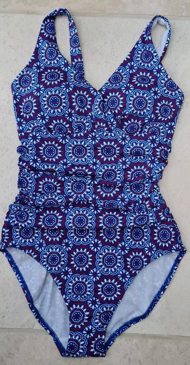 Thumbnail: Boden Talamanca Blue geometric print ruched SWIMSUIT S0041 UK 8R NEW B2