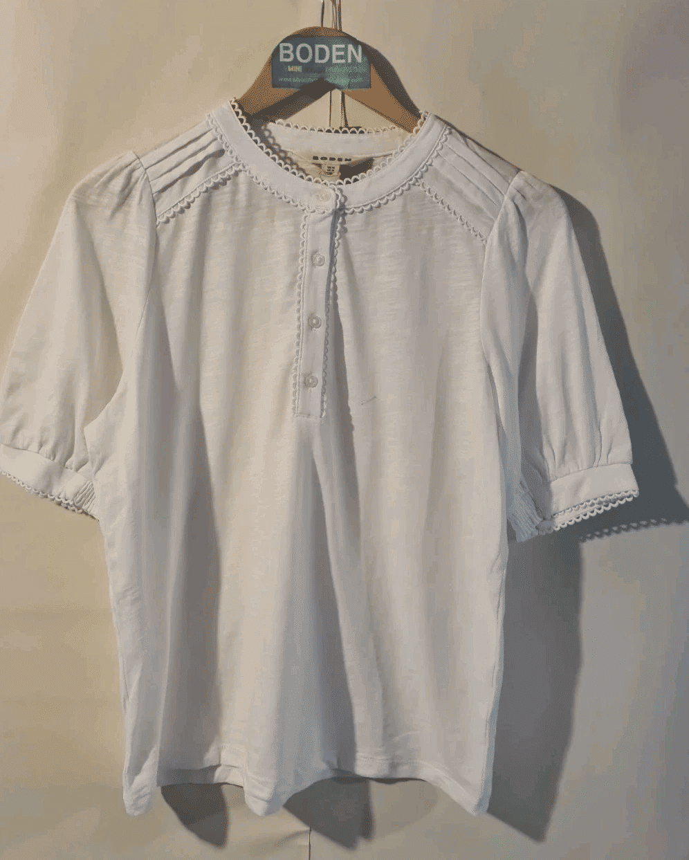 BODEN Pintuck Puff Sleeve Henley Top White RRP £42 T1613 UK 14 Brand New A18
