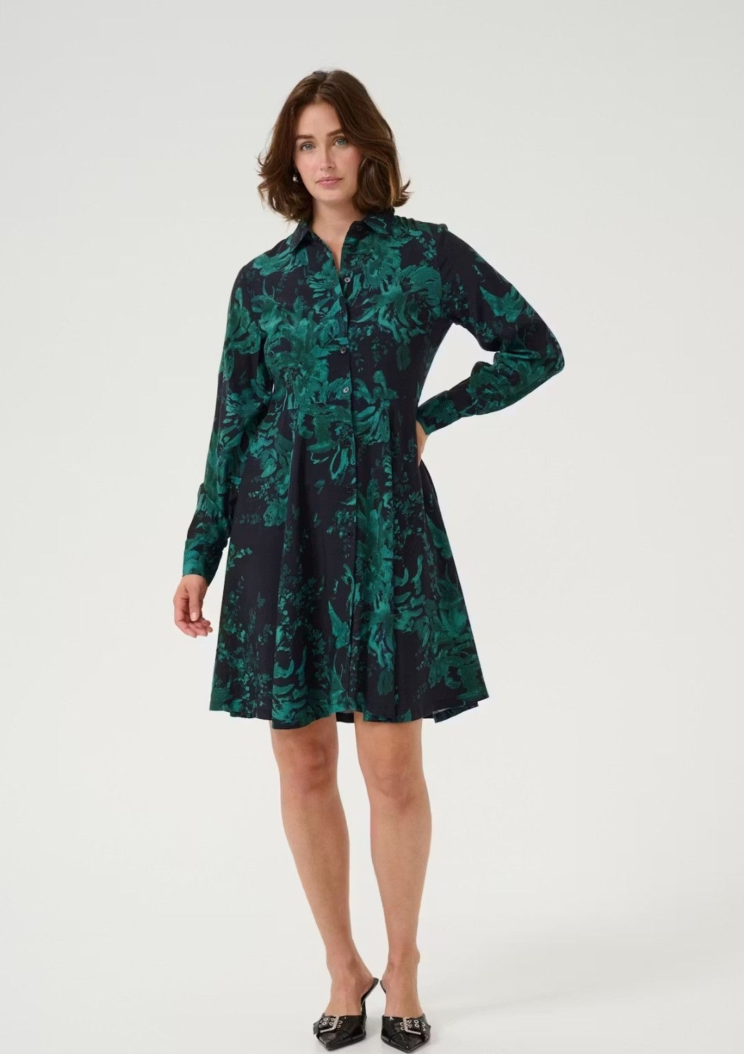 Kaffe KAisa Shirt Dress Black/Green Painted Flower Size UK 14 Brand New
