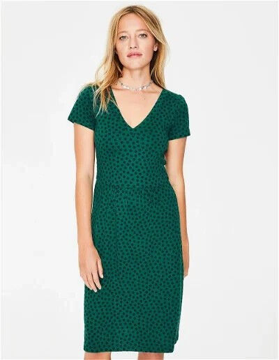 BODEN Penelope Jersey Dress GREEN POLKA DOT J0334 UK 14L EXCELLENT CONDITION D24
