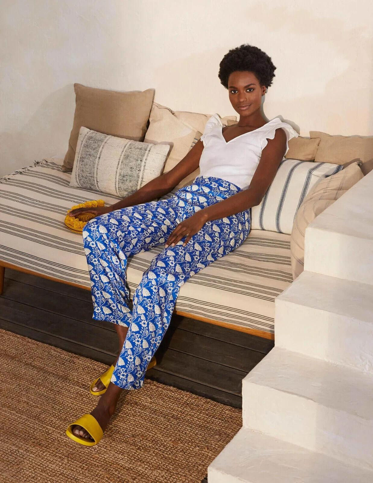 Boden Printed Twill Trousers Blue Wave, Lotus Vine Size Uk 6 Brand New T0787