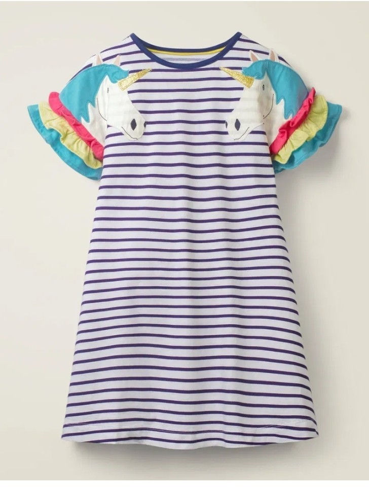 Mini Boden Flutter Sleeve Jersey Dress Navy/White Unicorn 2-3 Yrs Brand New G3
