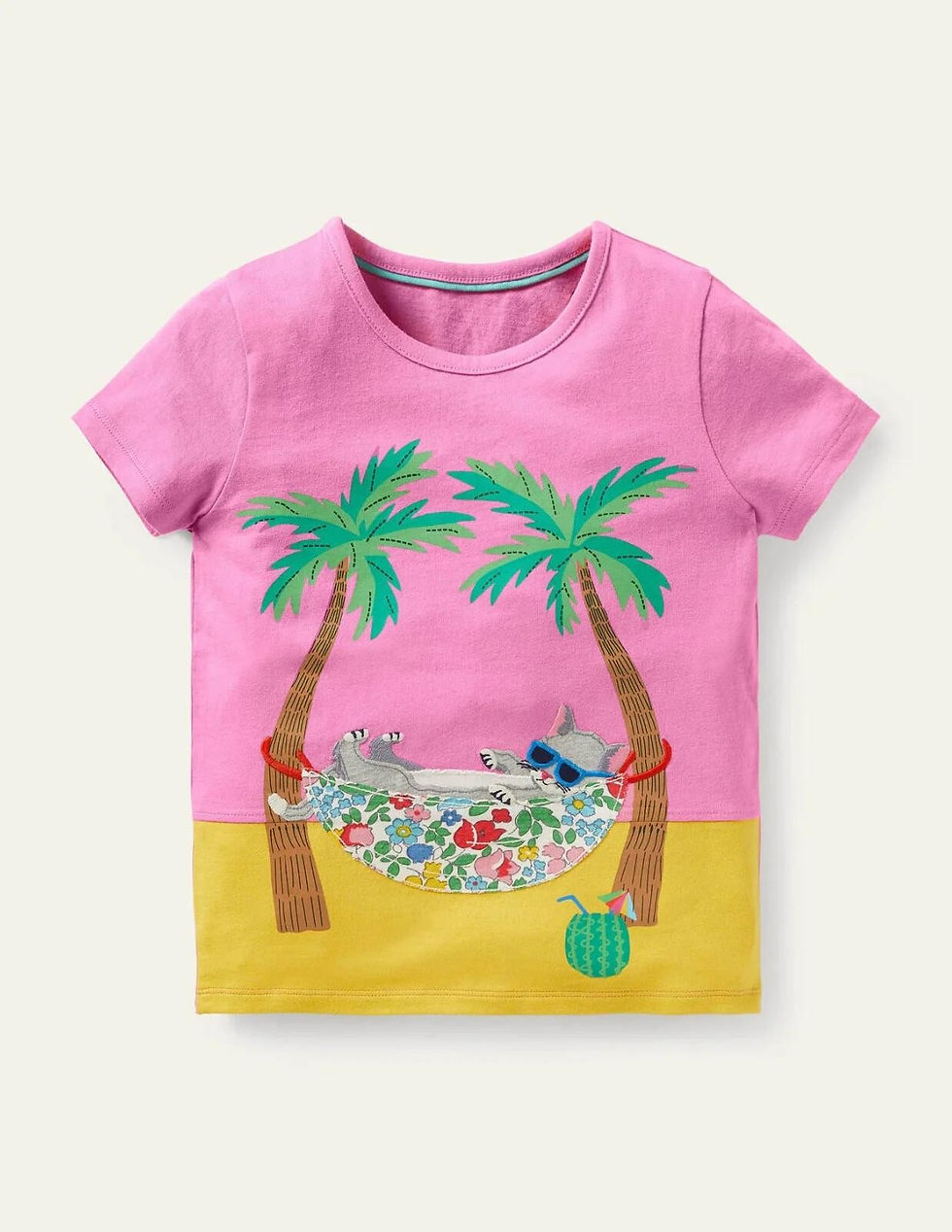 Thumbnail: MINI BODEN GIRLS Funny Animals Appliqué T-shirt Plum Blossom Pink Cat BRAND NEW