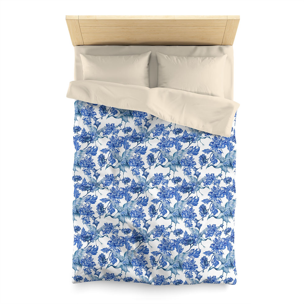 Thumbnail: Blue Floral and Crane Duvet Cover – Watercolor Iris Pattern Microfiber Bedding