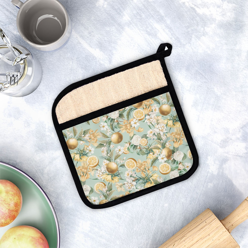 Thumbnail: Traditional Lemon and Floral on Sage Pot Holder with Pocket