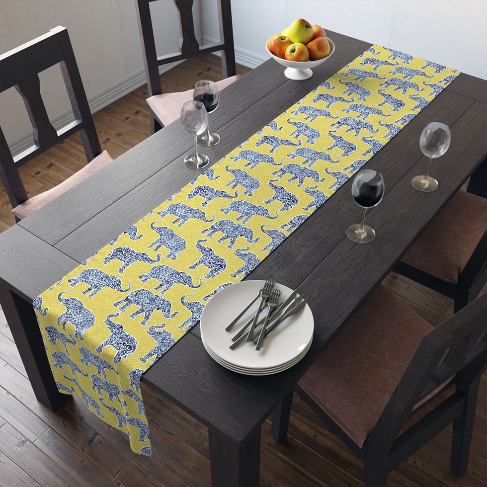 Thumbnail: Blue Elephant Pattern Table Runner — Yellow Cotton-Blend Dining Decor