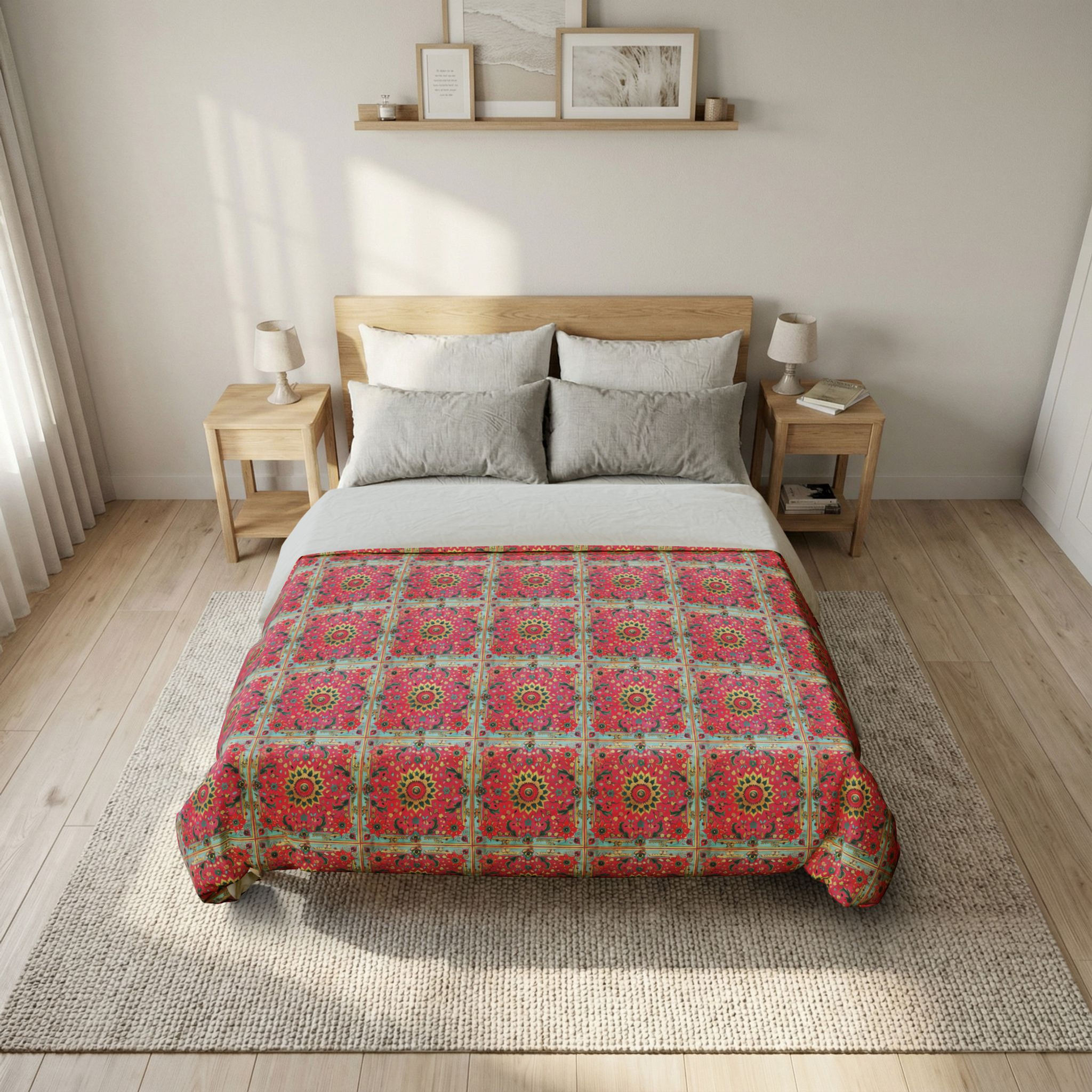 Floral Mosaic Cotton Duvet Cover — Pink Vintage Tile Pattern