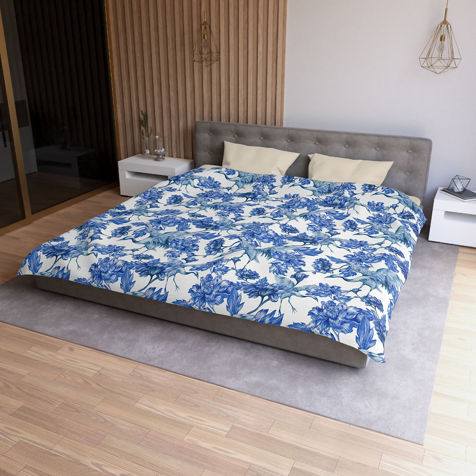 Thumbnail: Blue Floral and Crane Duvet Cover – Watercolor Iris Pattern Microfiber Bedding