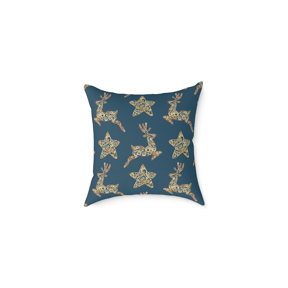 Thumbnail: Golden Reindeer and Stars (Aqua Emerald Green) Spun Polyester Pillow