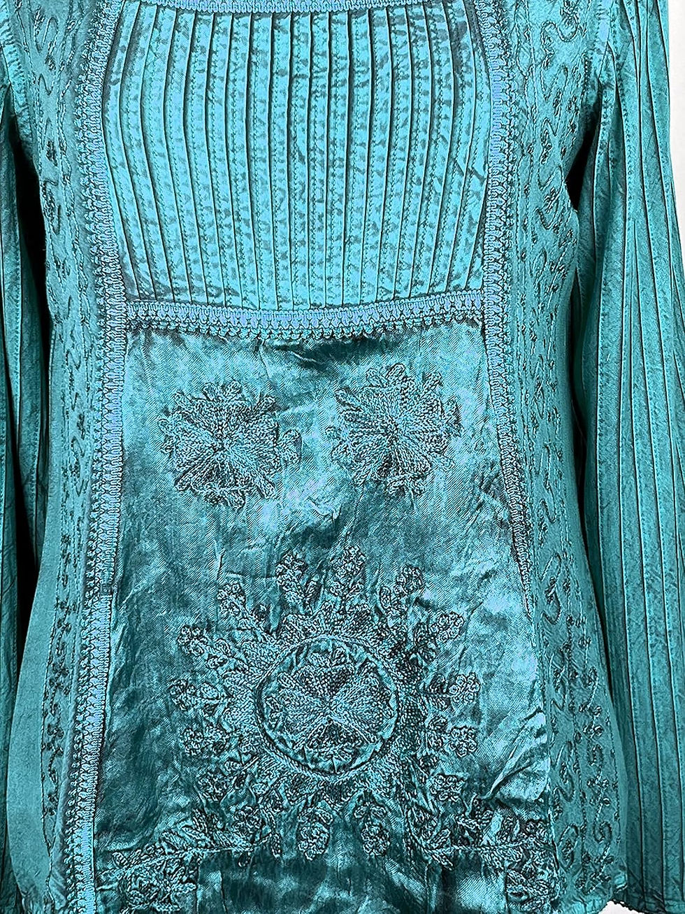 Thumbnail: 2025 Spring Long Sleeve Square Neck Embroidered Blouses for Women - Satin Medie