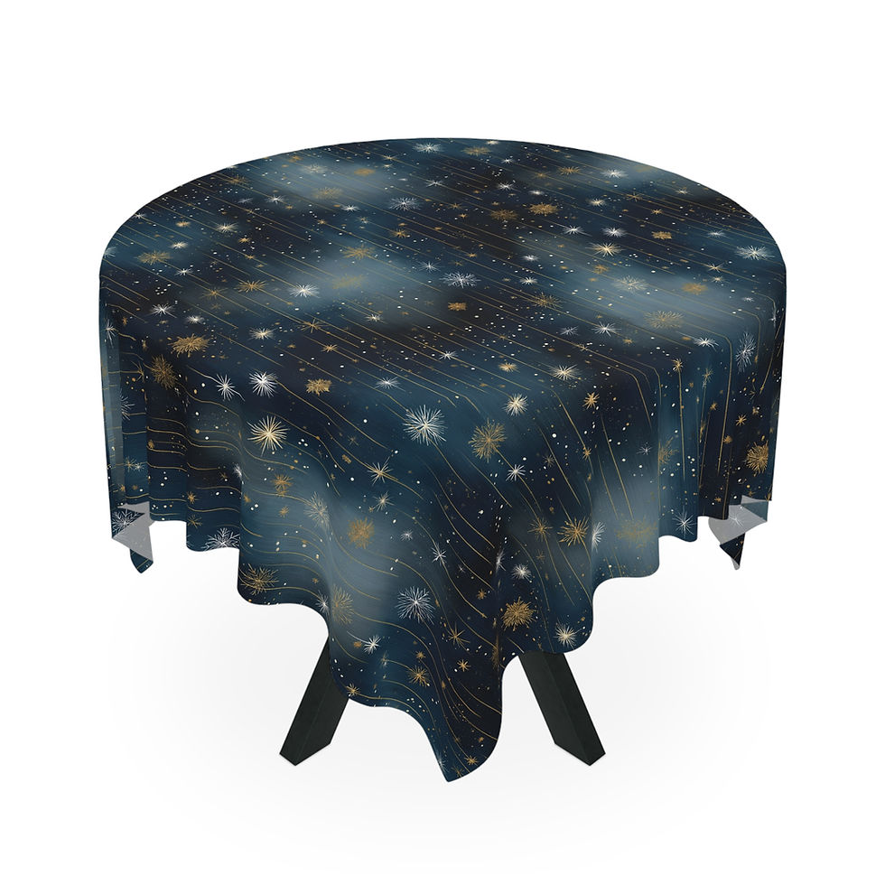 Thumbnail: Starry Night Navy Tablecloth — Gold Snowflake Holiday Dinner Table Cover
