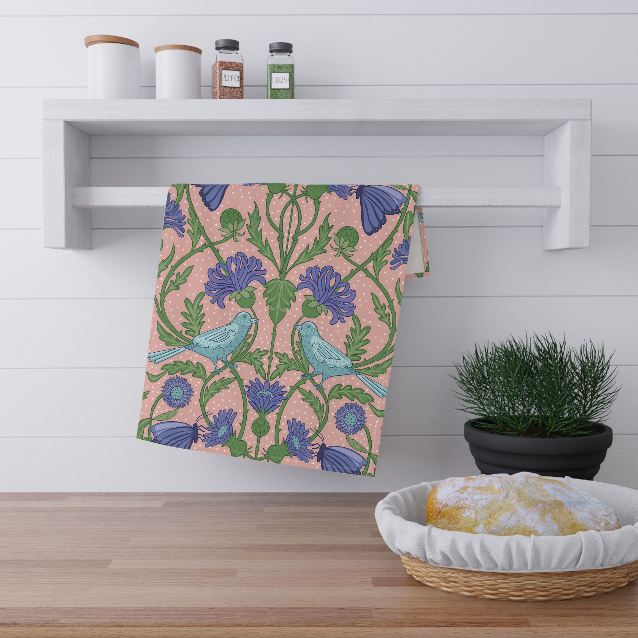 Botanical Floral and Bird Pattern Tea Towels - Floral Kitchen Decor - Set of 2
