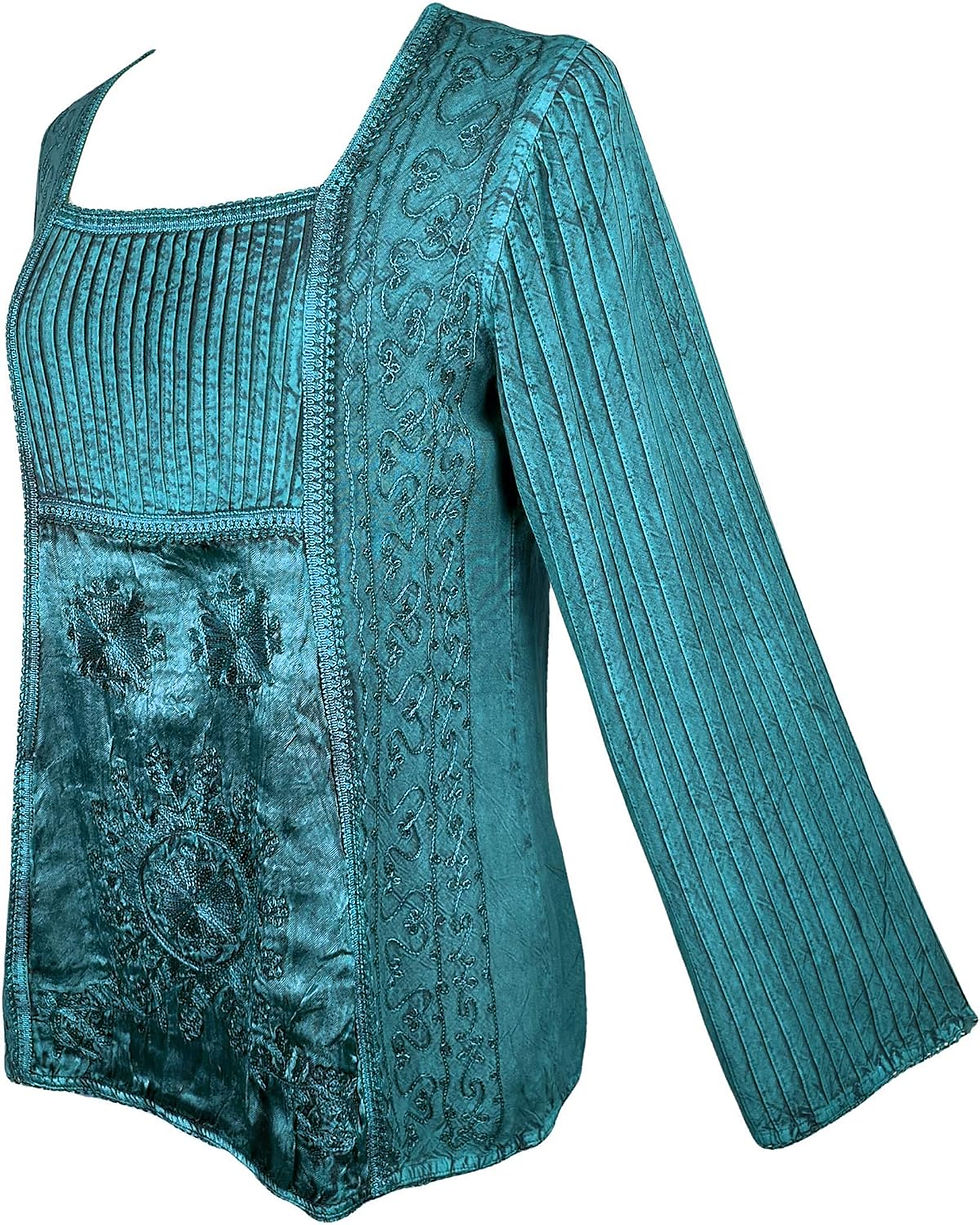 Thumbnail: 2025 Spring Long Sleeve Square Neck Embroidered Blouses for Women - Satin Medie
