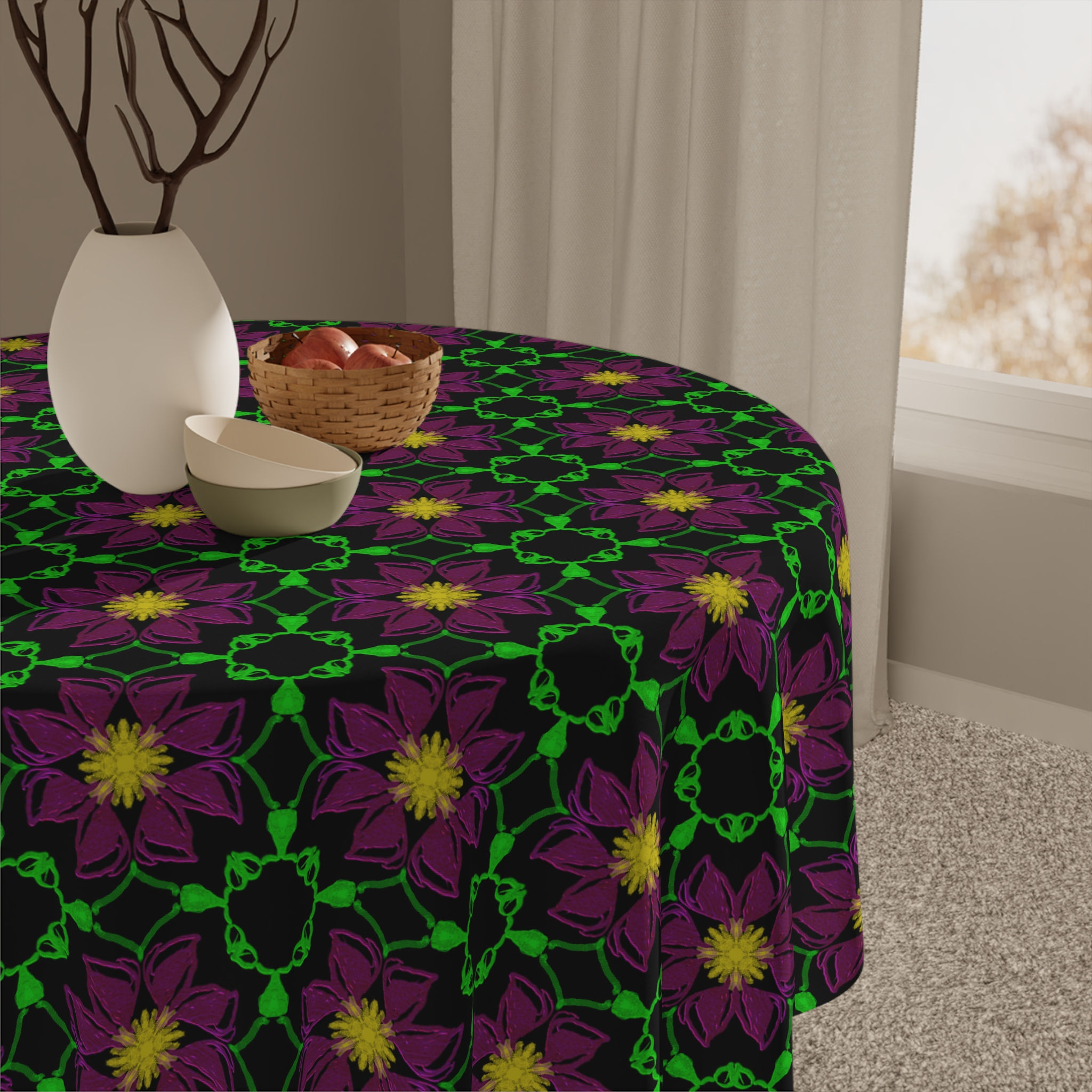 Poinsettia Mosaic Tablecloth — Festive Purple & Green Holiday Table Cover