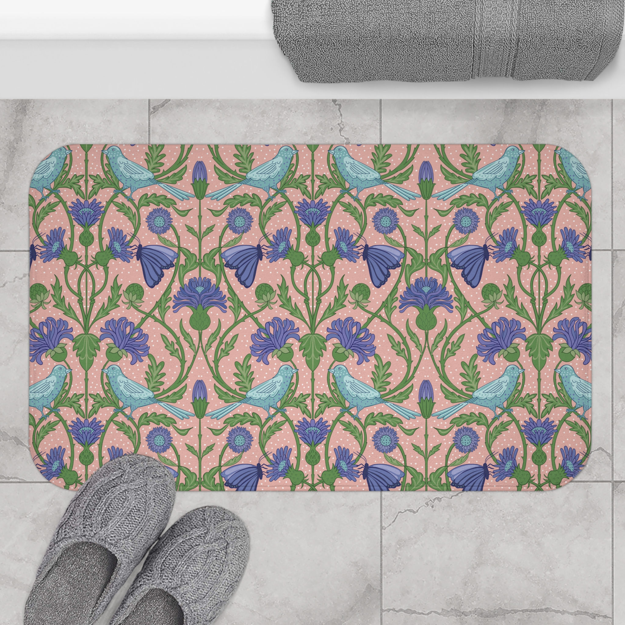 Floral Paradise Bath Mat with Birds - Soft & Stylish Bathroom Decor