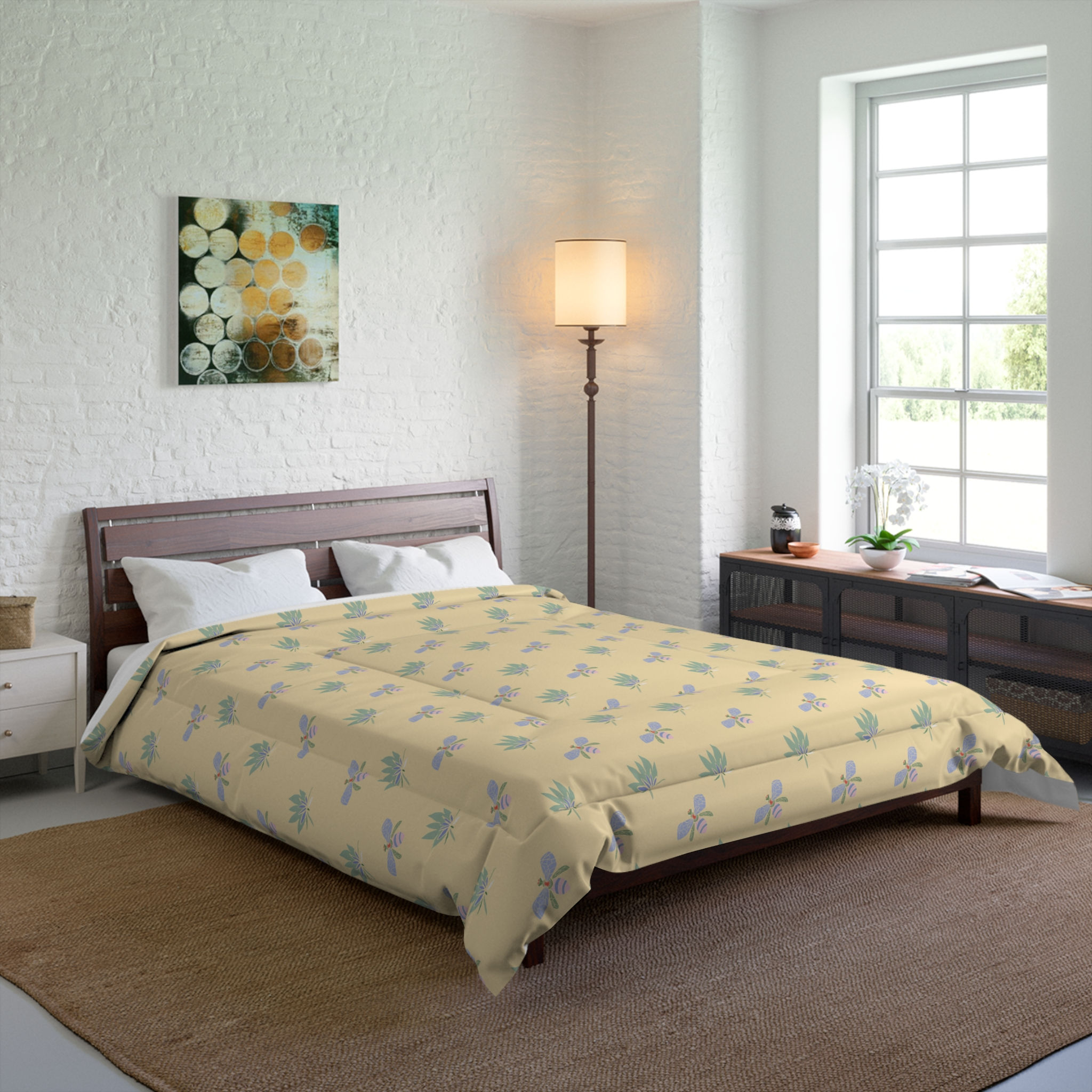 Botanical Pastel Comforter - Yellow Floral Leaf Duvet