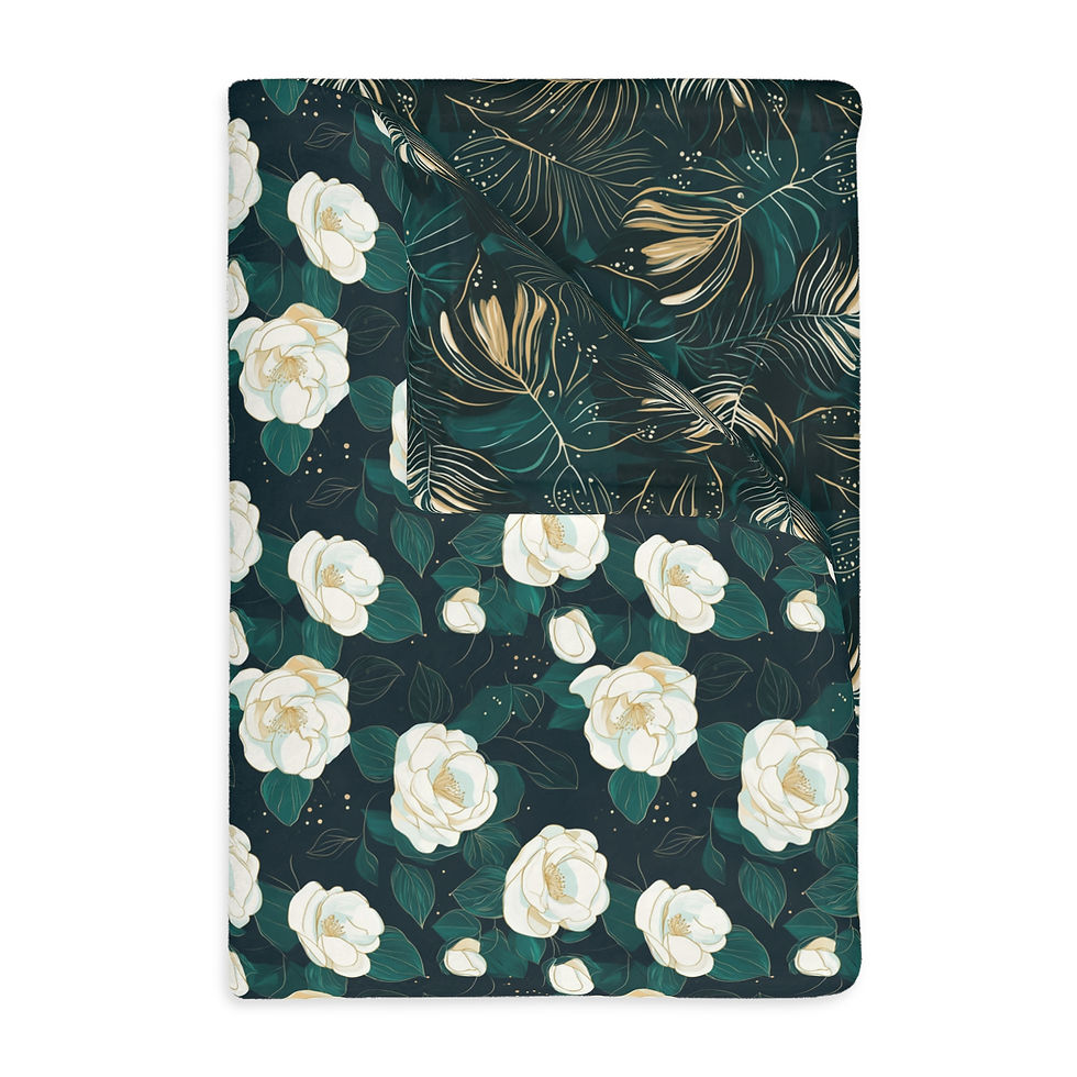 Thumbnail: Velveteen Floral Reversible Blanket — Dark Teal Camellia & Feather Print