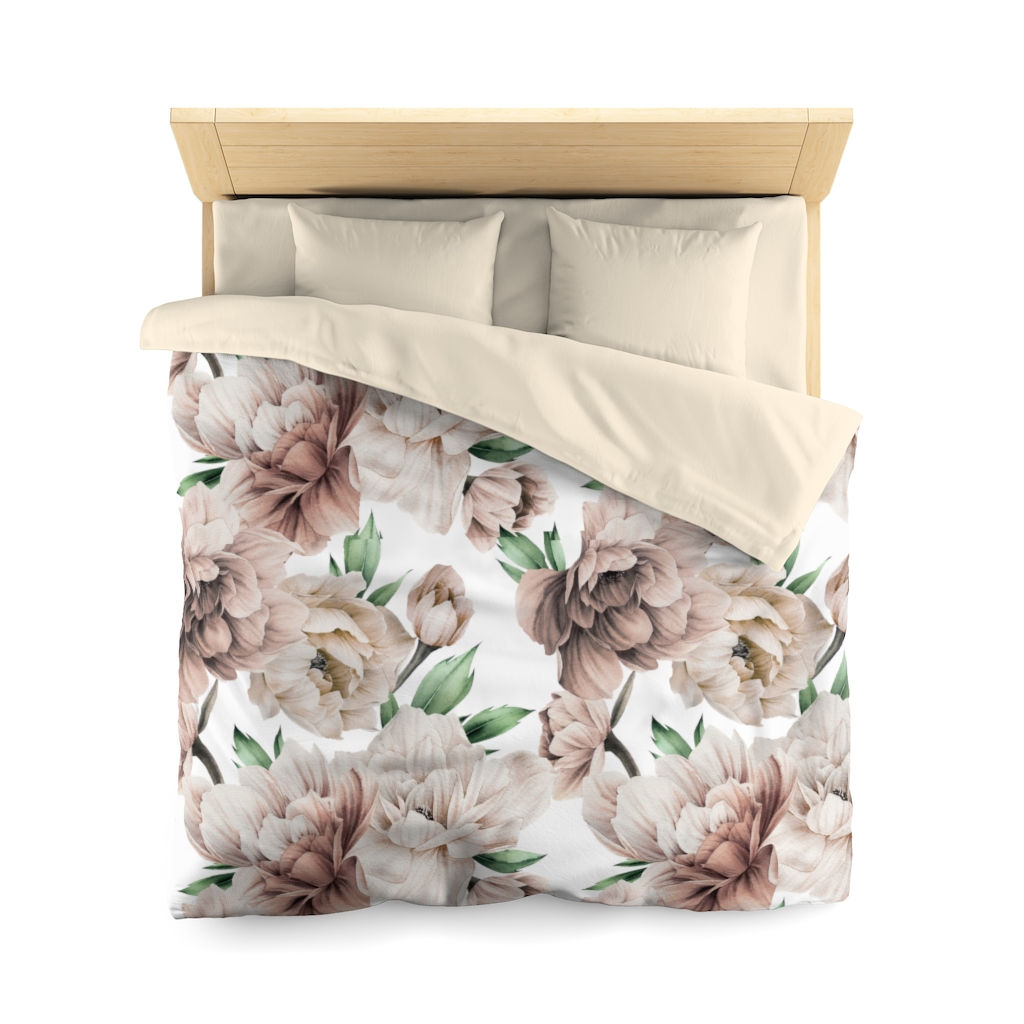 Muted pink Peonies on White Microfiber Duvet Cover (Queen Only)