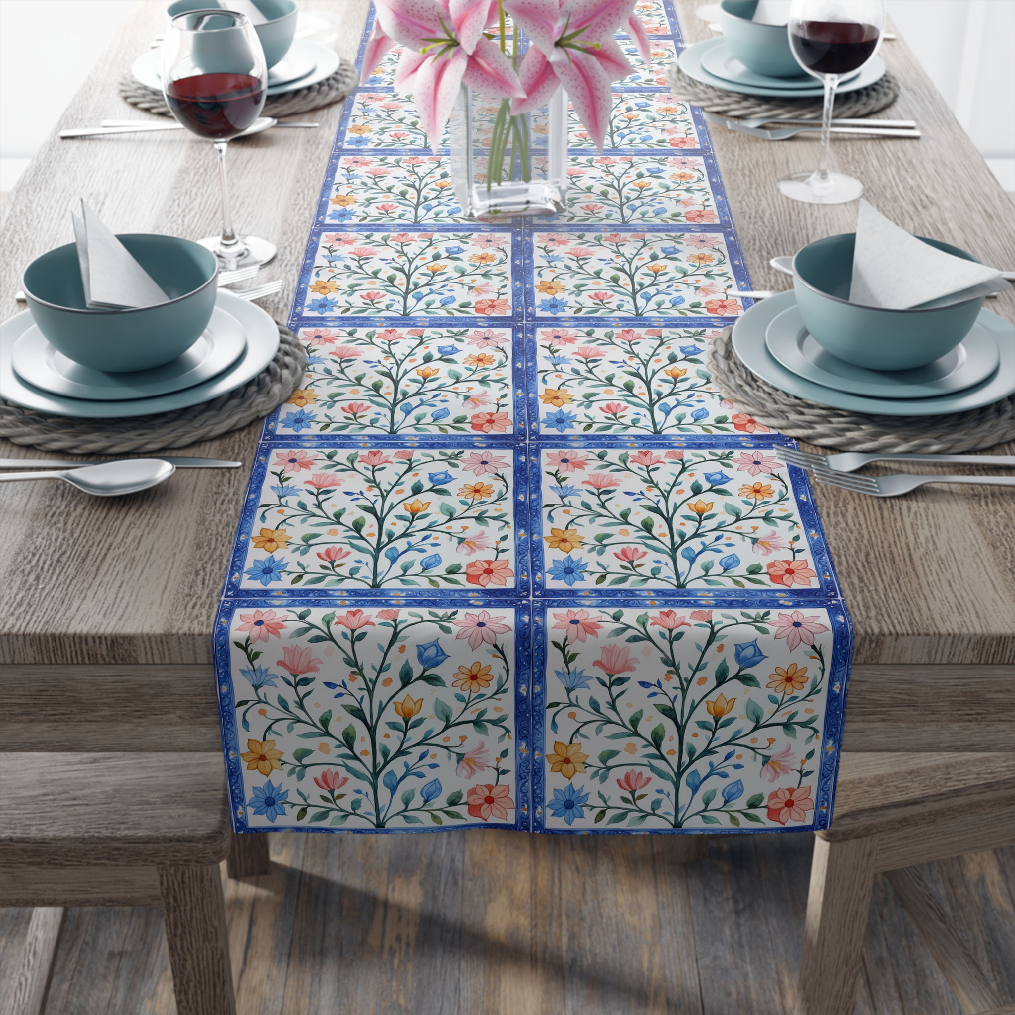 Indian Tiles Floral Cotton/Poly Table Runner
