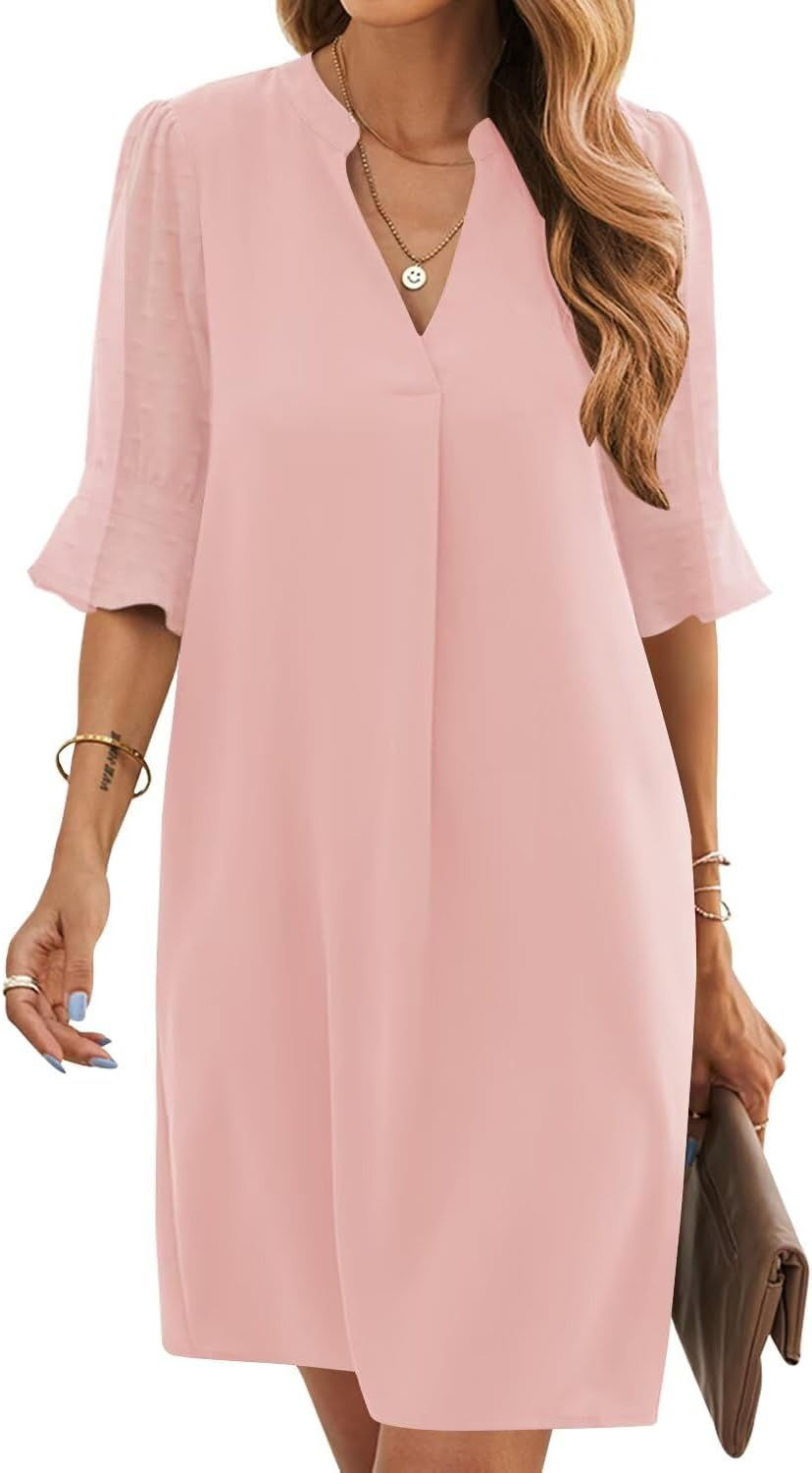Thumbnail: Shift Dress for Women V Neck Short Sleeves Solid Color Casual Flowy Summer Dres