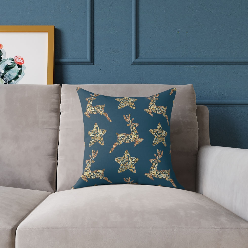 Thumbnail: Golden Reindeer and Stars (Aqua Emerald Green) Spun Polyester Pillow