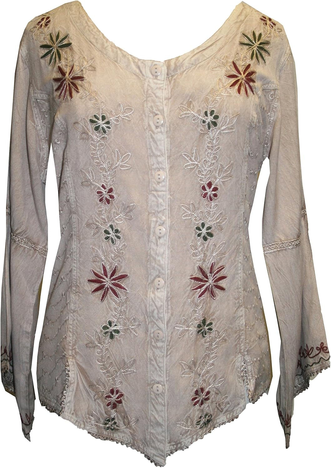 2025 Spring Gypsy Medieval Long Sleeve Embroidered Tops for Women - Button Down