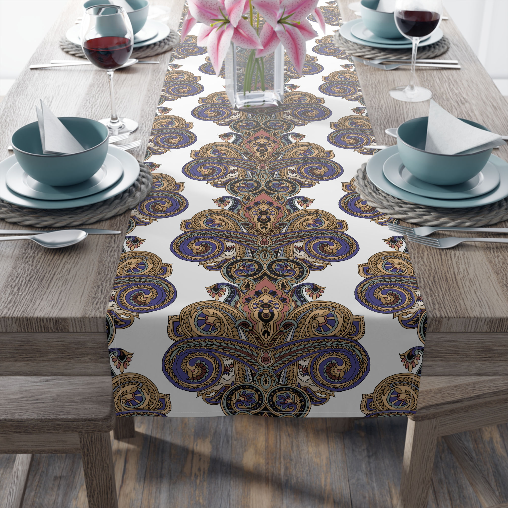 Paisley Damask Table Runner — Elegant Blue & Gold Cotton-Poly Decor