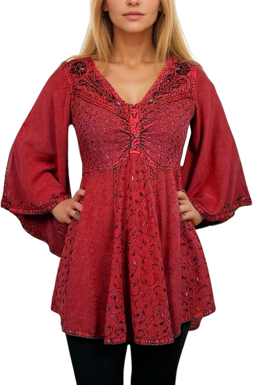 Thumbnail: 2025 Spring Boho Embroidered Blouses for Women, Butterfly Beaded Bell Sleeve Dr