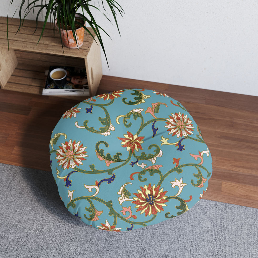 Thumbnail: Chinese Influenced Round Tufted Floor Pillow with Floral Design
