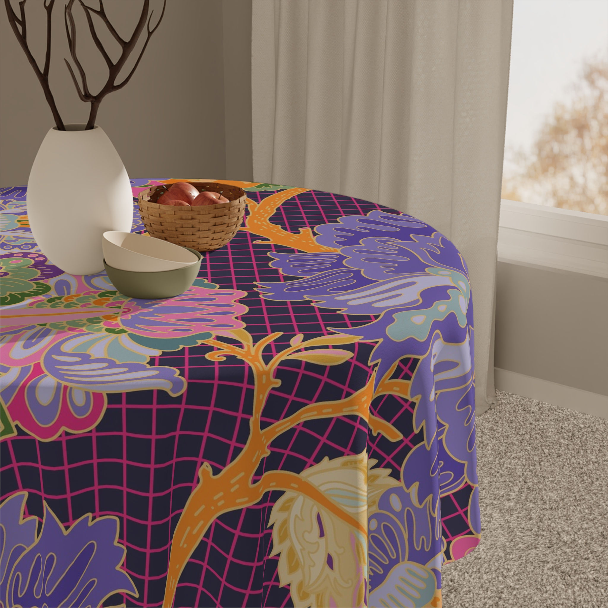 Vibrant Purple Floral Tablecloth — Bohemian Garden Table Cover