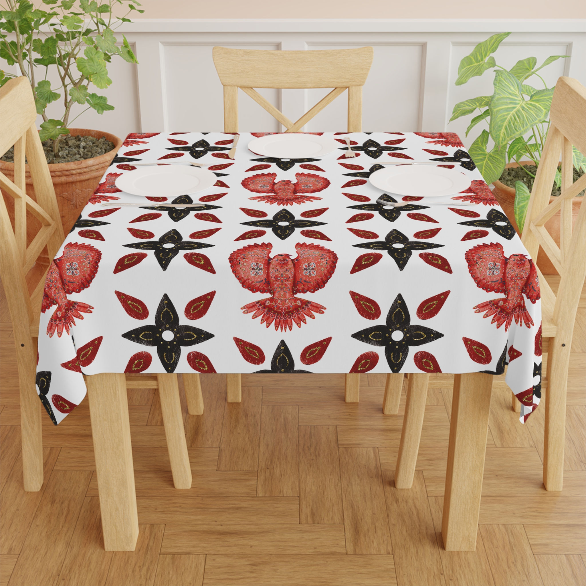 Scandia Red Bird HolidayTablecloth for Dining, Vintage Table Decor