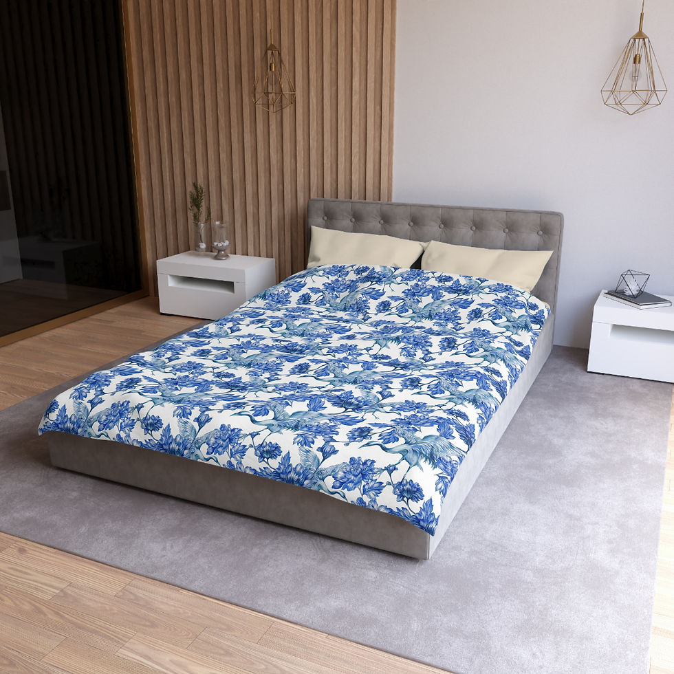 Thumbnail: Blue Floral and Crane Duvet Cover – Watercolor Iris Pattern Microfiber Bedding