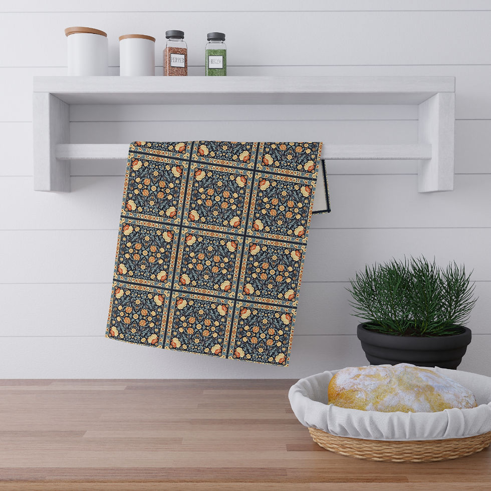 Thumbnail: Floral Tile Cotton  OR  Poly Tea Towel — Vintage Navy & Mustard Kitchen Towel