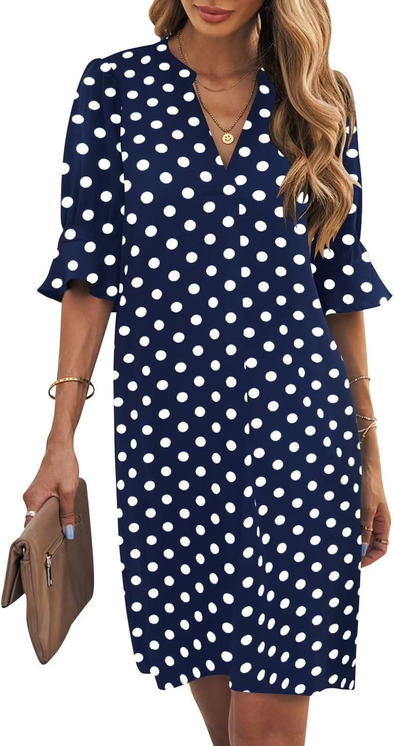 Thumbnail: Shift Dress for Women V Neck Short Sleeves Solid Color Casual Flowy Summer Dres