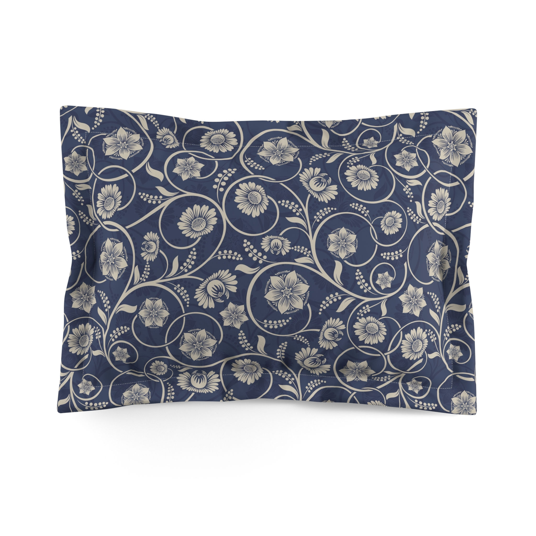 Navy Floral Vine Pillow Sham — Vintage Botanical Decorative Pillowcase