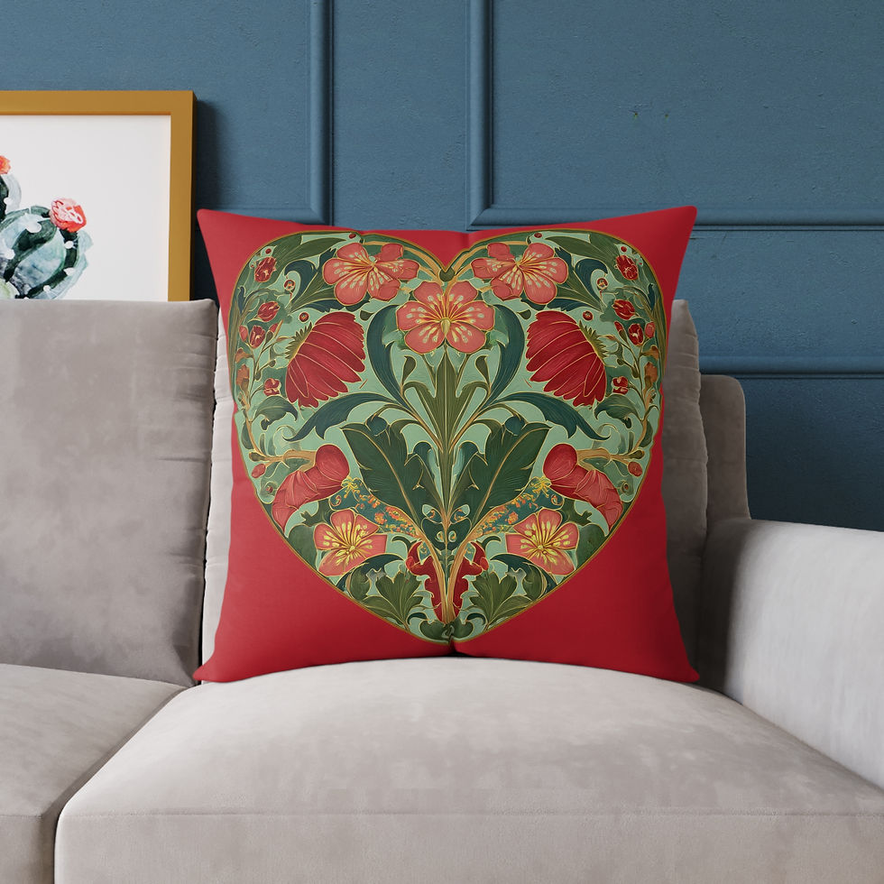 Thumbnail: Floral Heart Decorative Pillow - Vintage Botanical Red Green Accent Cushion