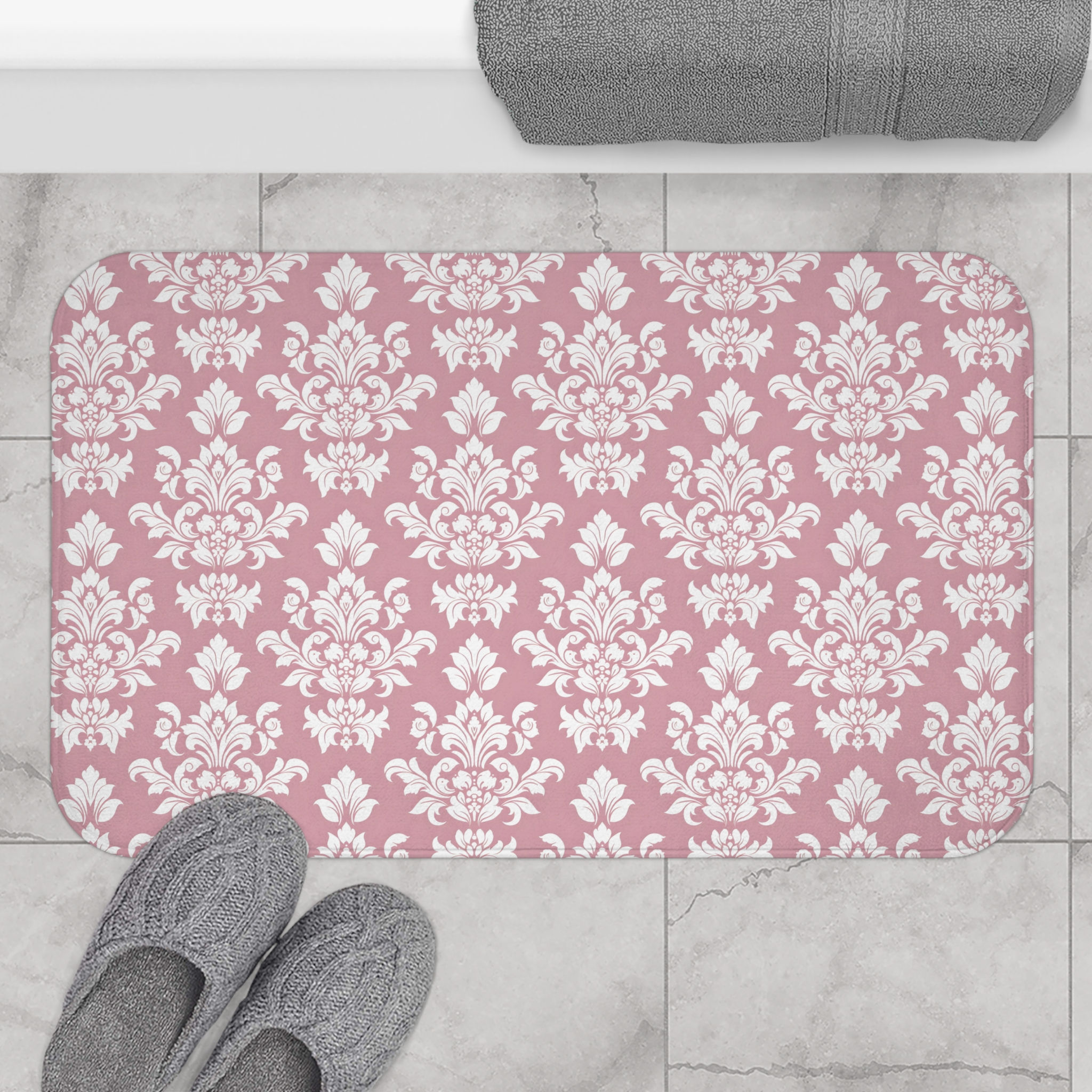 Antique Vintage (Pink) Floral Bath Mat | Elegant Bathroom Decor