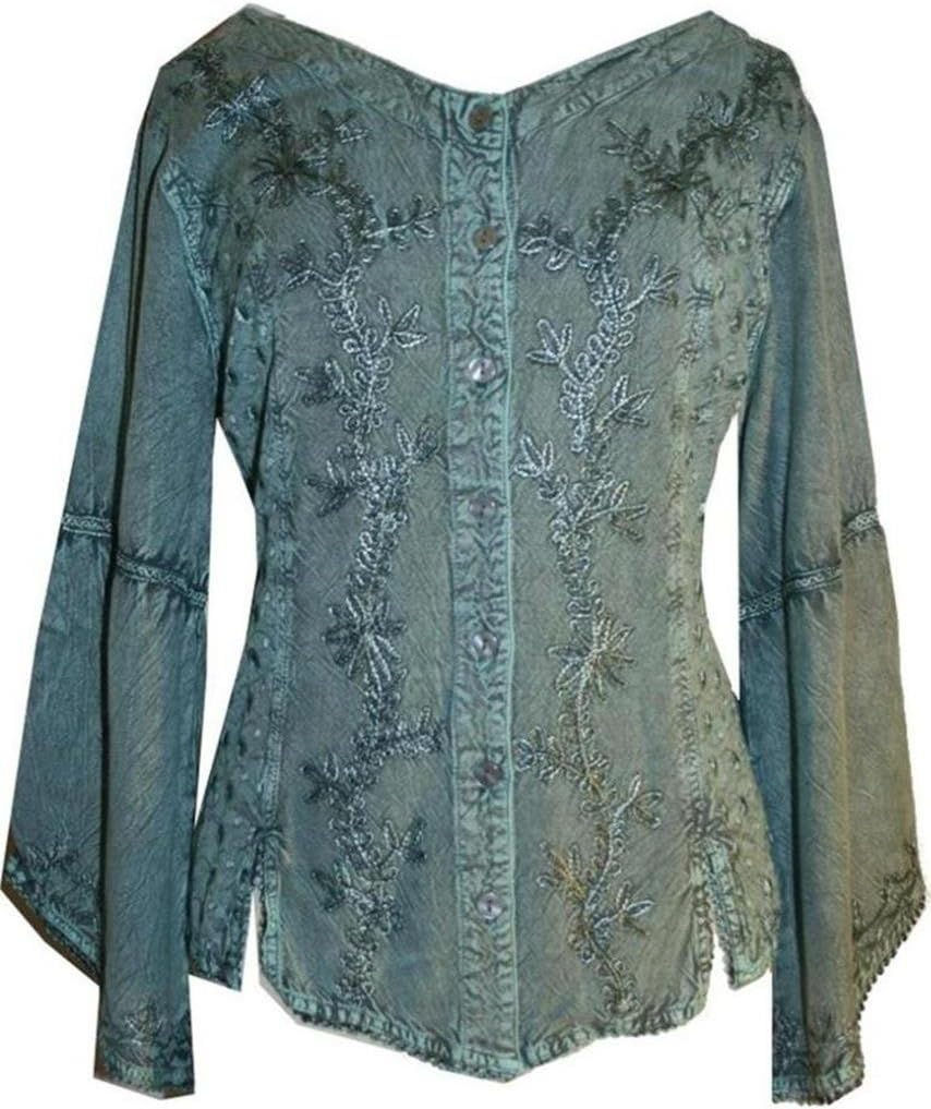 Thumbnail: 2025 Spring Gypsy Medieval Long Sleeve Embroidered Tops for Women - Button Down