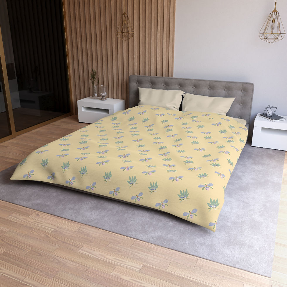 Thumbnail: Pastel Floral Duvet Cover — Yellow Microfiber Bedspread with Blue Flower Pattern