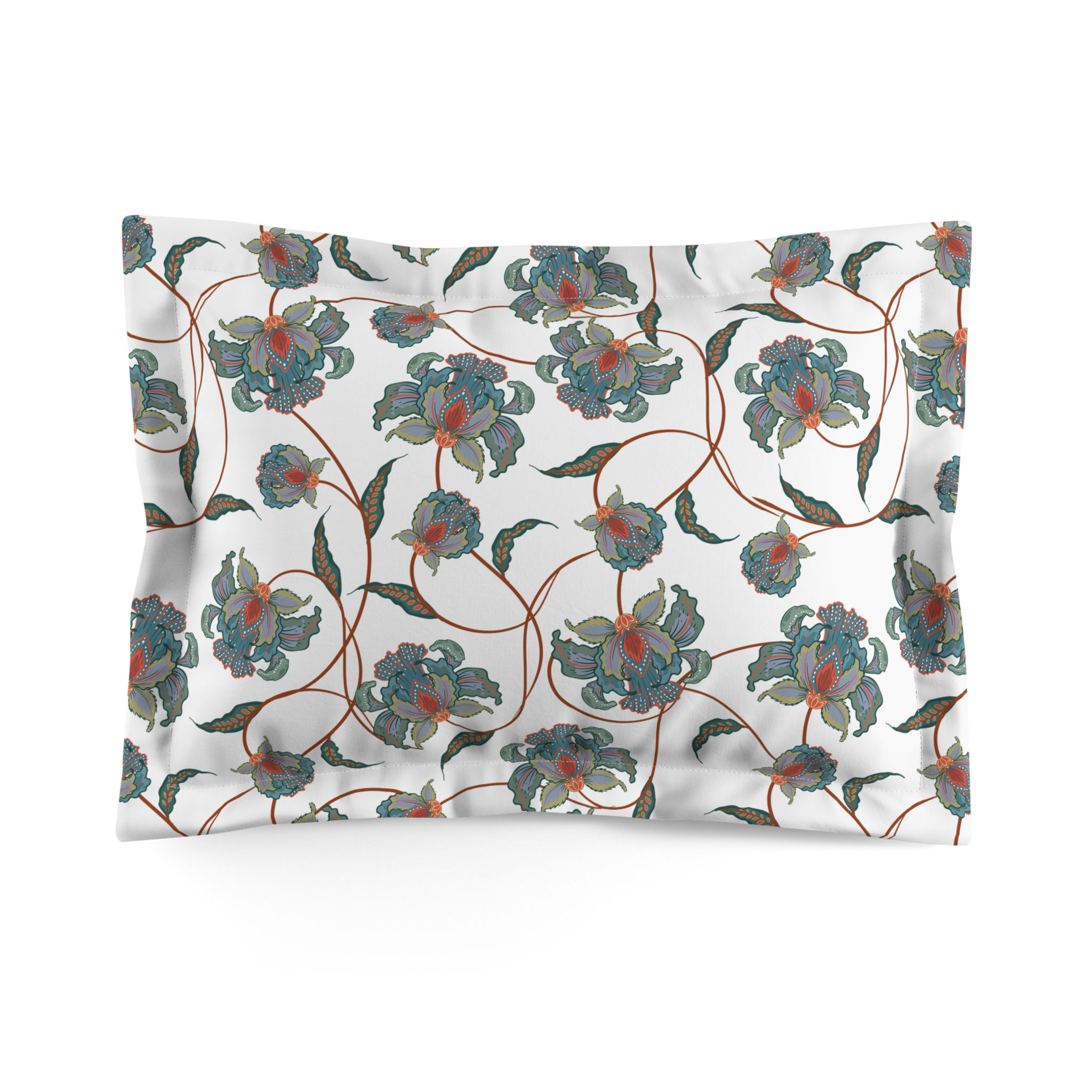 Floral Vine Microfiber Pillow Sham — Teal & Rust Botanical Bedding Accent