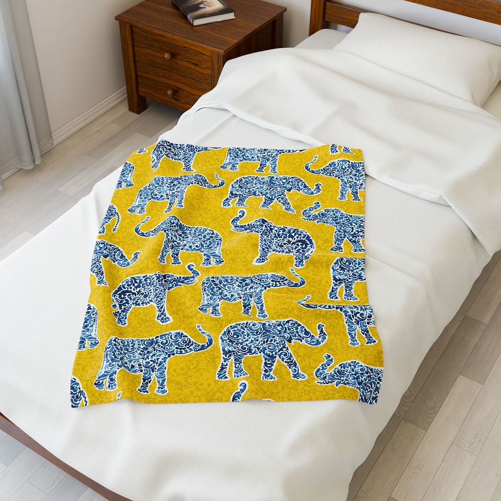 Thumbnail: Blue Floral Elephant Velveteen Plush Blanket – Soft Yellow Patterned Throw