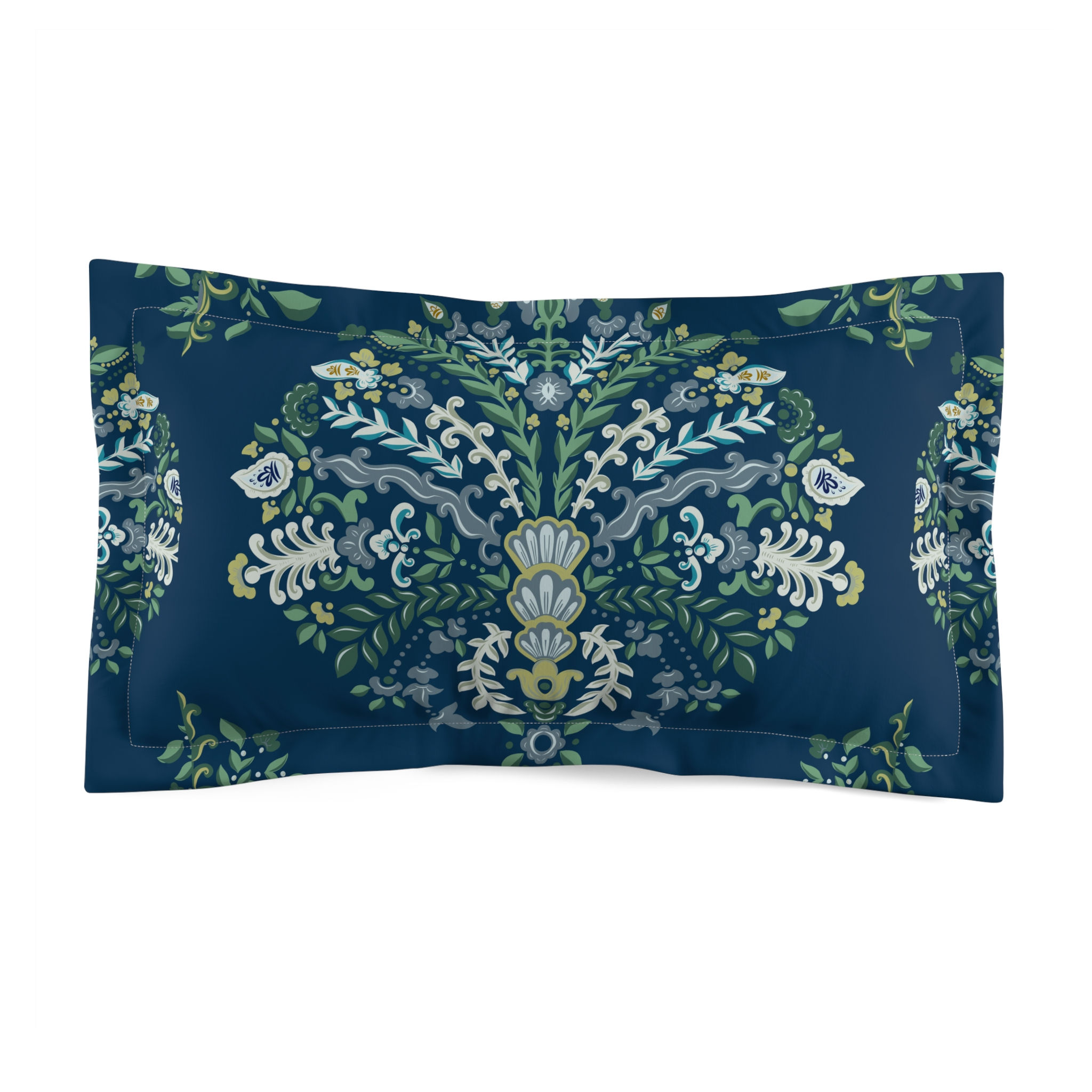 Indigo Bloom Microfiber Pillow Sham with Charming Green Floral Design