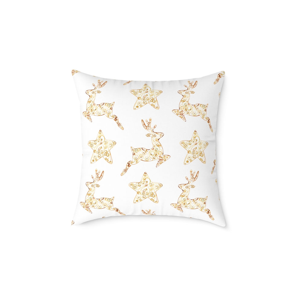 Thumbnail: Golden Reindeer and Stars (white) Spun Polyester Pillow