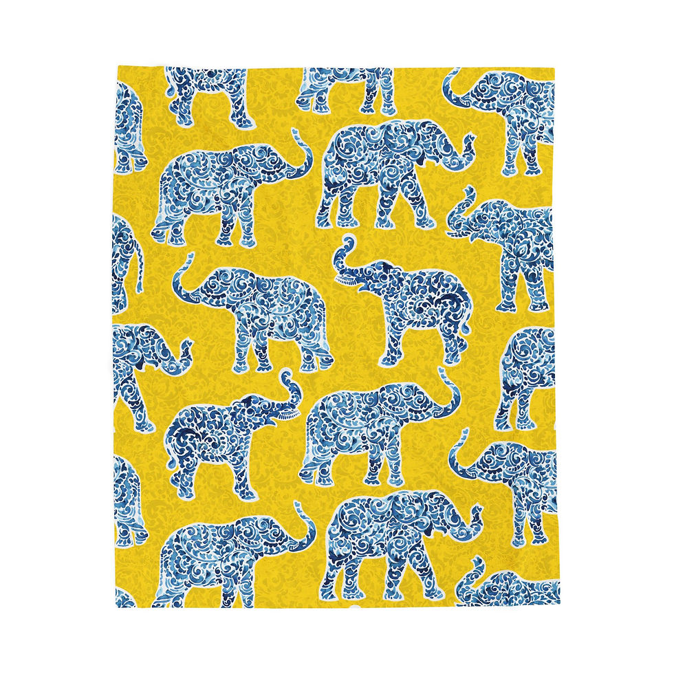 Thumbnail: Blue Floral Elephant Velveteen Plush Blanket – Soft Yellow Patterned Throw