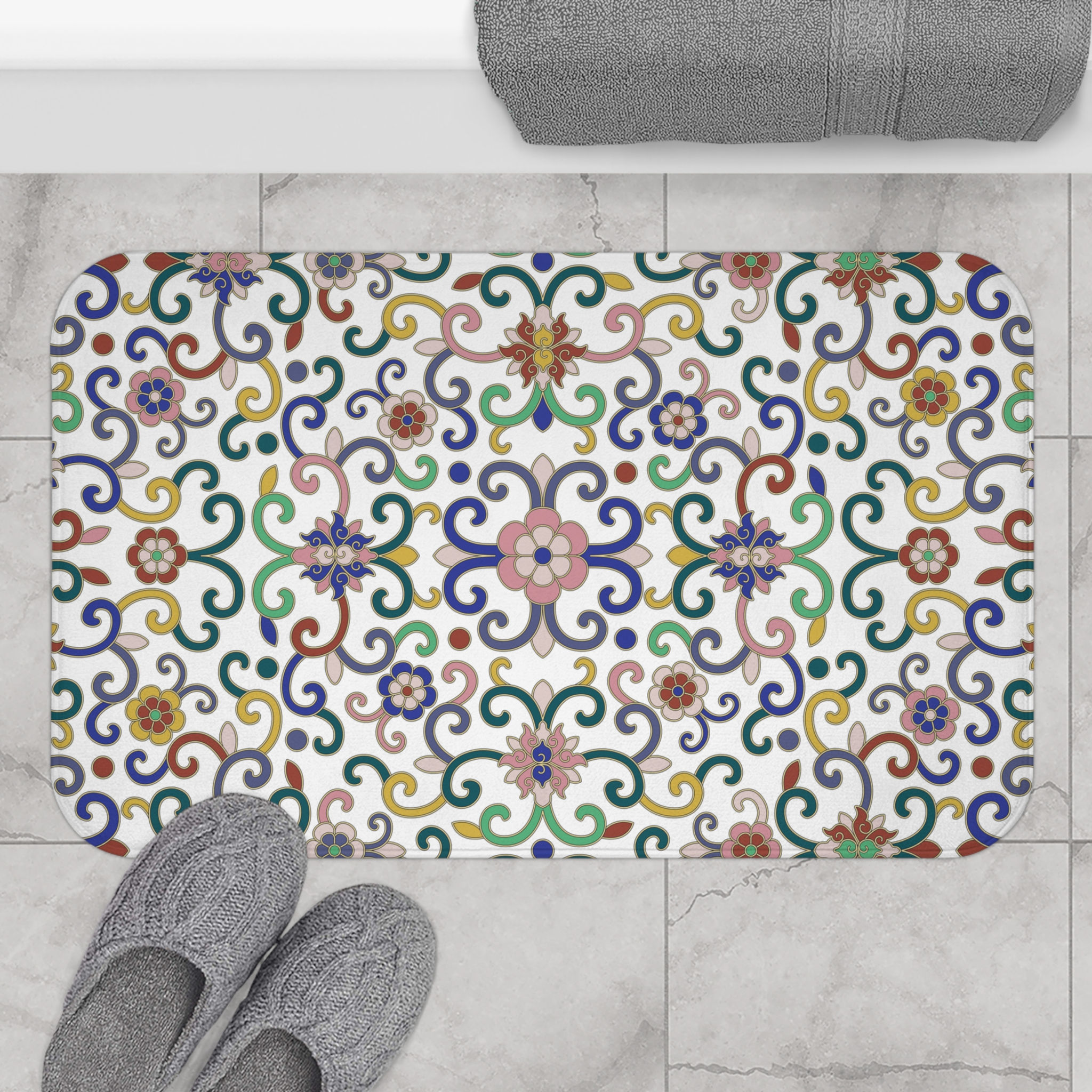 Colorful Chinese Floral Bath Mat - Vibrant Boho Decor for Home