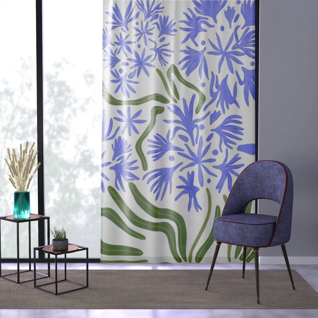 Blue Floral Art Poster Window Curtain