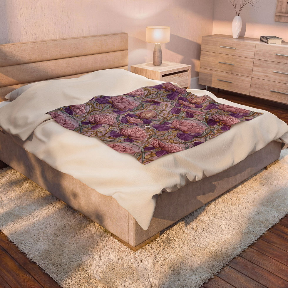 Thumbnail: Art Nouveau Floral Velveteen Plush Blanket — Pink & Purple Peony Iris Pattern