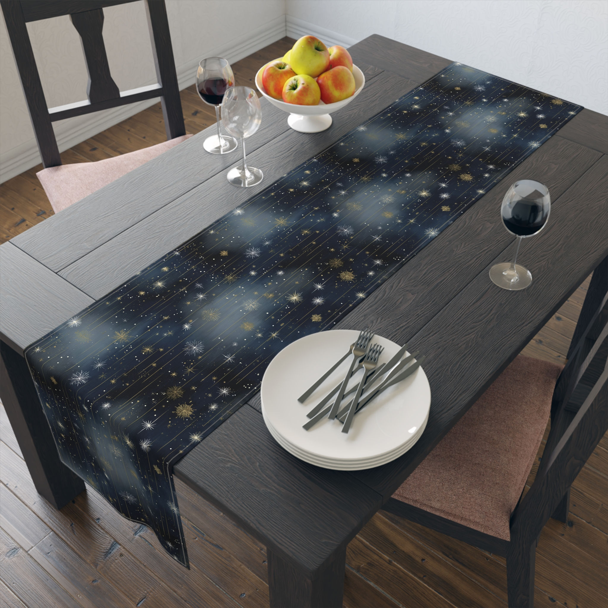 Starry Night Table Runner — Dark Blue Celestial Holiday Decor
