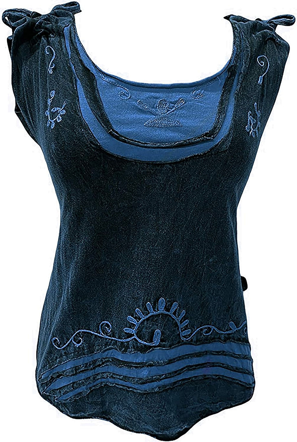 Boho Knit Stonewashed Sleeveless Blouse - Wide Strap Embroidered Tie-dye Tank